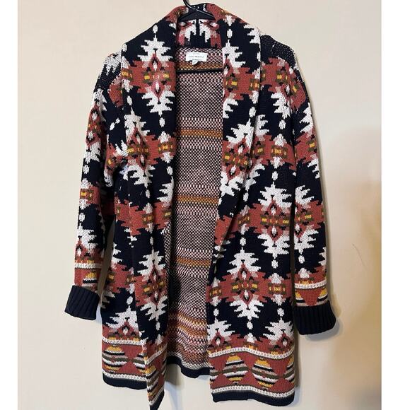 Lucky Brand Sweater Aztec Southwestern Open Front Shawl Collar Black Women's S/P - Picture 2 of 5